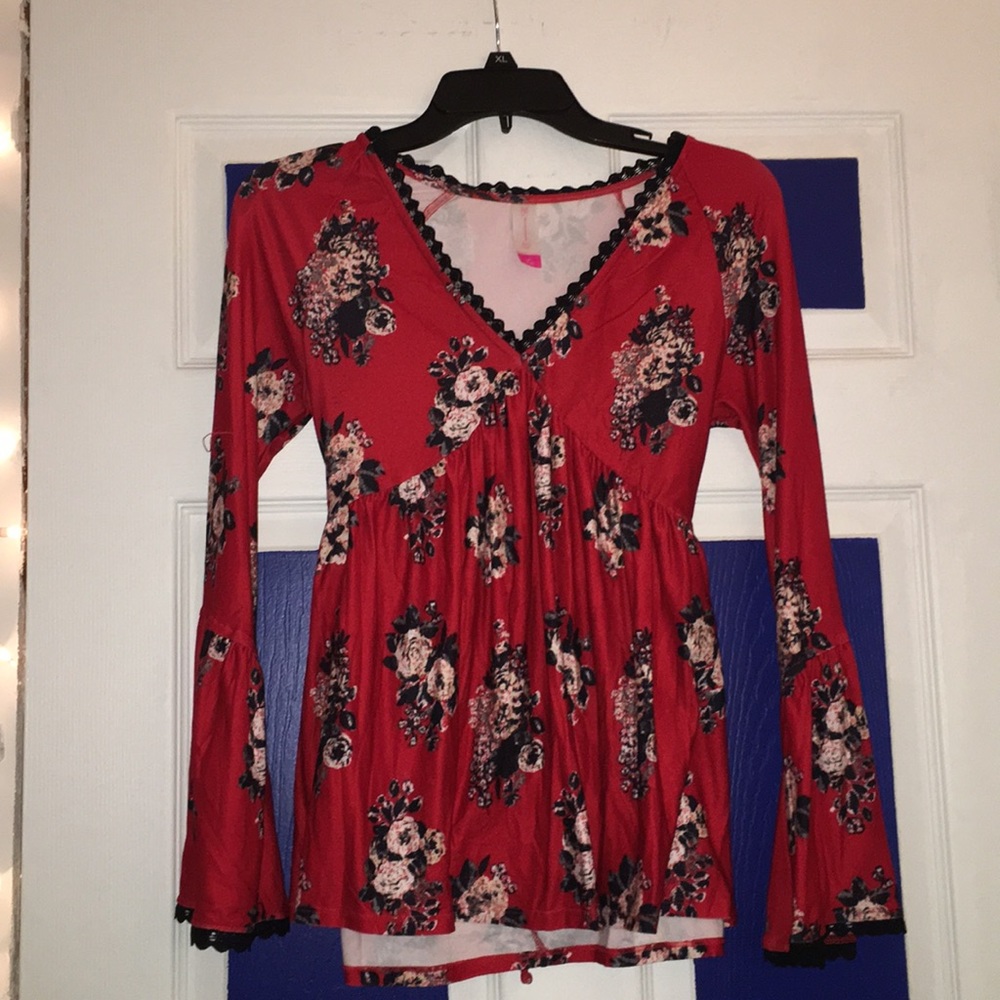 V neck Red and black dress shirt.